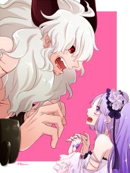 Rule 34 | 1boy, 1girl, asterios (fate), bare shoulders, black sclera, breasts, choker, colored sclera, dress, euryale (fate), fate/grand order, fate/hollow ataraxia, fate (series), grey hair, hair ornament, hairband, height difference, horns, jewelry, lolita hairband, long hair, open mouth, pink background, purple eyes, purple hair, red eyes, ring, twintails