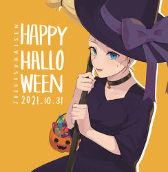 Rule 34 | 1girl, 2021, :d, absurdres, black collar, blonde hair, blue eyes, bow, broom, collar, copyright name, dated, dress, earrings, halloween bucket, happy halloween, hat, hat bow, highres, holding, holding broom, ino (juju51228), jewelry, jujutsu kaisen, looking at viewer, nishimiya momo, open mouth, purple bow, purple dress, purple hat, smile, solo, sweatdrop, witch, witch hat, yellow background