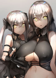 Rule 34 | 2girls, assisted exposure, bare shoulders, black dress, black gloves, blush, breasts, cleavage, closed mouth, clothing cutout, commentary request, covered erect nipples, crossed bangs, destroyer (girls&#039; frontline), dress, elbow gloves, fingerless gloves, gaia (girls&#039; frontline), girls&#039; frontline, gloves, grey hair, hair between eyes, halterneck, huge breasts, long hair, looking at viewer, luse maonang, medium breasts, multiple girls, navel, open mouth, paizuri invitation, sangvis ferri, smile, twintails, underboob, underboob cutout, yellow eyes