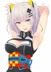 Rule 34 | 1girl, :d, armpits, black dress, blue eyes, blush, breasts, cleavage, cleavage cutout, clothing cutout, dress, hair ornament, hairclip, hands up, kaguya luna, kanden sky, large breasts, long sleeves, looking at viewer, obi, open mouth, purple hair, sash, short hair, simple background, smile, solo, the moon studio, twitter username, upper body, virtual youtuber, white background
