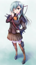 Rule 34 | 10s, 1girl, ;d, aqua hair, hair ornament, hairclip, kantai collection, long hair, looking at viewer, one eye closed, open mouth, personification, school uniform, skirt, smile, solo, suien, suzuya (kancolle), thighhighs, wink