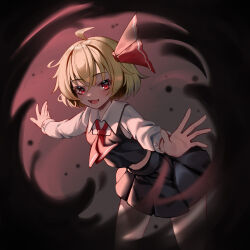 Rule 34 | 1girl, :d, absurdres, ahoge, ailu elf, ascot, black skirt, black vest, blonde hair, collared shirt, commentary request, cowboy shot, darkness, fang, hair ribbon, highres, long sleeves, open mouth, outstretched arms, red ascot, red eyes, ribbon, rumia, shirt, short hair, skin fang, skirt, smile, solo, spread arms, touhou, vest, white shirt