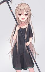 Rule 34 | 1girl, :d, ahoge, black shirt, blush, collarbone, commentary request, cowboy shot, fang, grey background, hachita (odangoya), hair between eyes, hair ornament, hairclip, highres, holding, light brown hair, long hair, looking at viewer, open mouth, original, oversized clothes, oversized shirt, red eyes, scythe, shirt, short sleeves, smile, solo, very long hair, x hair ornament