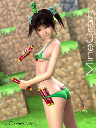 Rule 34 | 1girl, 3d, ancho bi, bikini, black hair, breasts, brown eyes, butt crack, creeper, dynamite, explosive, fuse, green bikini, highres, looking at viewer, minecraft, nail polish, personification, skindentation, small breasts, solo, strap gap, swimsuit