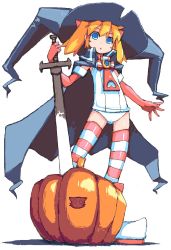 Rule 34 | 1girl, ahoge, arm support, bachera, barefoot, blonde hair, blue eyes, boots, bored, cape, cushion, elbow gloves, gloves, halloween, hat, highres, looking at viewer, lying, moss, necktie, on side, one-piece swimsuit, original, panties, pumpkin, red eyes, school swimsuit, short hair, simple background, solo, standing, striped clothes, striped thighhighs, stuffed animal, stuffed toy, swimsuit, sword, thighhighs, thighs, towel, twintails, underwear, weapon, white background, white panties, witch hat, zettai ryouiki