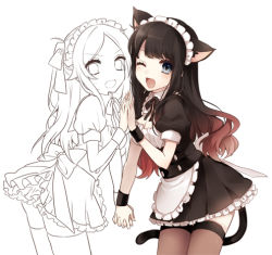 Rule 34 | 2girls, animal ears, apron, black hair, blue eyes, cat ears, cat tail, hair ribbon, holding hands, ichinose yukino, isshoku sokuhatsu zen girl (vocaloid), jigokugata ningen doubutsuen (vocaloid), long hair, lowres, maid, maid apron, multicolored hair, multiple girls, nou shou sakuretsu girl (vocaloid), one eye closed, open mouth, ponytail, ribbon, simple background, smile, tail, thighhighs, unfinished, vocaloid, wink