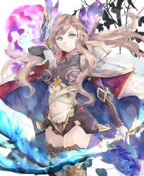 Rule 34 | 10s, 1girl, blush, bow (weapon), breasts, brown eyes, brown hair, cowboy shot, electricity, granblue fantasy, holding, holding bow (weapon), holding sword, holding weapon, long hair, looking at viewer, navel, shunatsu (shisui), simple background, smile, solo, standing, sword, tweyen (granblue fantasy), very long hair, weapon, white background