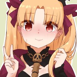 Rule 34 | 1girl, blonde hair, blush, closed mouth, ereshkigal (fate), fate/grand order, fate (series), green background, hair ribbon, hands up, i.u.y, long hair, long sleeves, looking at viewer, nose blush, outline, parted bangs, red eyes, red ribbon, ribbon, single sleeve, skull, sleeves past wrists, solo, spine, sweat, tiara, two side up, upper body, v, wavy mouth, white outline