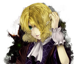 Rule 34 | 1girl, arm warmers, beatsme, blonde hair, blood, blood on hands, brown shirt, commentary request, crying, crying with eyes open, green eyes, hair over one eye, mizuhashi parsee, open mouth, pointy ears, scarf, shirt, short hair, short sleeves, solo, tears, touhou, upper body, white background, white scarf