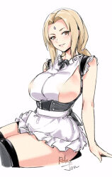 Rule 34 | 1girl, alternate costume, apron, black bow, black bowtie, blonde hair, bow, bowtie, breasts, brown eyes, cowboy shot, enmaided, facial mark, forehead mark, frilled apron, frills, from side, grey thighhighs, large breasts, looking at viewer, low twintails, maid, naruto, naruto (series), parted bangs, parted lips, relaxjon, revealing clothes, sideboob, signature, simple background, sitting, skindentation, smile, solo, thighhighs, tsunade (naruto), twintails, waist apron, white apron, white background