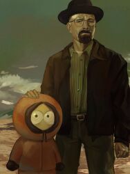 Rule 34 | 2boys, belt, breaking bad, brown jacket, brown pants, cloud, coat, commentary, covered mouth, cowboy shot, crossover, facial hair, goatee, hand on another&#039;s head, hat, height difference, highres, jacket, kenny mccormick, legs apart, male focus, multiple boys, nicoikn, orange coat, outdoors, pants, serious, south park, standing, symbol-only commentary, walter white, wing collar