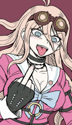Rule 34 | 1girl, :d, barbed wire, black gloves, blue eyes, blush, breasts, choker, cleavage, collarbone, commentary request, danganronpa (series), danganronpa v3: killing harmony, fingerless gloves, gloves, goggles, goggles on head, iruma miu, large breasts, long hair, looking at viewer, middle finger, namu (nurui cha), o-ring, open mouth, pink background, pink shirt, red background, shirt, simple background, smile, solo, teeth, tongue, tongue out, upper body, upper teeth only