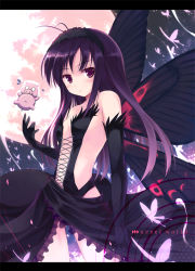Rule 34 | 10s, 1girl, accel world, antenna hair, arita haruyuki, bare shoulders, black hair, blush, bug, butterfly, butterfly wings, elbow gloves, full moon, gloves, hinooka shuuji, insect, insect wings, kuroyukihime, letterboxed, long hair, looking at viewer, maid headdress, moon, night, pig, purple hair, red eyes, wings
