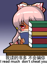 Rule 34 | 1girl, ballpoint pen (medium), bilingual, blush stickers, book, bow, chinese text, english text, engrish text, fujiwara no mokou, hair bow, holding, holding book, jokanhiyou, long hair, looking at viewer, lowres, mixed-language text, peeking, pink hair, ranguage, red eyes, solo, sparkle, table, touhou, traditional media, translated