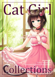 Rule 34 | 1girl, animal ears, bare shoulders, bell, belt, belt buckle, black belt, blush, brown hair, buckle, cat ears, cat tail, closed mouth, collarbone, commentary request, day, dress, fang, fang out, flower, green eyes, hair flower, hair ornament, hasumi (hasubatake39), highres, idolmaster, idolmaster cinderella girls, indoors, jingle bell, looking away, looking to the side, maekawa miku, pink dress, pink flower, sleeveless, sleeveless dress, smile, solo, standing, strap slip, tail, wrist cuffs