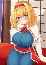 Rule 34 | 1girl, :o, alice margatroid, arm support, blonde hair, blue dress, blue eyes, blush, bow, bowtie, breasts, capelet, commentary request, cowboy shot, dress, elbow gloves, gloves, hair between eyes, hairband, head tilt, highres, large breasts, looking at viewer, medium hair, parted lips, red bow, red bowtie, red hairband, red sash, sash, sitting, solo, tksand, touhou, wall, white capelet, white gloves, window