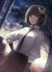 Rule 34 | 10s, 1girl, :/, angel31424, black gloves, black necktie, brick, brown eyes, brown hair, building, bungou stray dogs, butterfly hair ornament, closed mouth, collared shirt, dutch angle, gloves, hair ornament, hand on own hip, necktie, outdoors, shirt, signature, skirt, solo, tree, white shirt, wing collar, yosano akiko (bungou stray dogs)