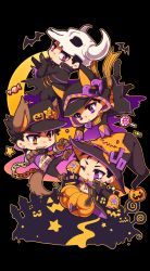 Rule 34 | 4boys, animal ears, animal hands, animal hat, bare pectorals, bat (animal), black hair, candy, chain, chibi, coat, collar, cuffs, earrings, food, hat, highres, jack-o&#039;-lantern, jacket, jewelry, jojo no kimyou na bouken, kuujou joutarou, male focus, multiple boys, multiple persona, navel, one eye closed, open clothes, open jacket, open mouth, orange eyes, pectorals, pin, pink eyes, pumpkin pants, purple eyes, shackles, skull, sleeves past wrists, star (symbol), syei, tail, witch hat, wolf ears, wolf paws, wolf tail