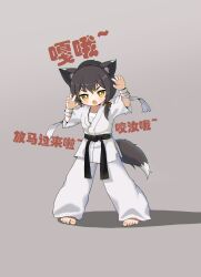 Rule 34 | 1girl, absurdres, animal ear fluff, animal ears, bandaged arm, bandages, belt, black belt, black hair, cat ears, cat girl, cat tail, chinese commentary, chinese text, claw pose, commentary request, dougi, fang, full body, grey background, highres, kuma-bound, looking at viewer, martial arts belt, medium hair, open mouth, original, pants, simple background, solo, standing, tail, toes, translation request, v-shaped eyebrows, white pants, yellow eyes
