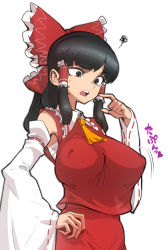 Rule 34 | 1girl, ascot, bad anatomy, bad hands, black hair, bow, breasts, brown eyes, covered erect nipples, detached sleeves, female focus, hair bow, hair tubes, hakurei reimu, hand on own hip, highres, huge breasts, large breasts, long hair, sarashi, solo, spacezin, squiggle, touhou