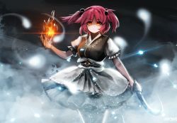 Rule 34 | 1girl, bad id, bad pixiv id, black background, black dress, breasts, cowboy shot, diablo (series), diablo 3, dress, energy, floating, fog, frilled sleeves, frills, glowing, hair bobbles, hair ornament, hand up, highres, hitodama, holding, holding sword, holding weapon, layered clothes, levitation, light trail, looking at viewer, medium breasts, mo ne, onozuka komachi, orange eyes, parody, pink hair, puffy short sleeves, puffy sleeves, red eyes, rock, sash, serious, shirt, short dress, short sleeves, signature, skirt, solo, sparkle, steam, sword, thighs, touhou, two side up, weapon, white shirt, white skirt, wind