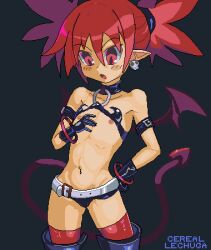 Rule 34 | 1girl, absurdres, arm strap, artist name, bare shoulders, belt, belt buckle, black choker, black gloves, black shorts, black tail, black tube top, black wings, blush stickers, buckle, cerealxs, choker, cowboy shot, demon girl, demon tail, demon wings, disgaea, earrings, etna (disgaea), feet out of frame, female focus, flat chest, gloves, hair tie, hand on own hip, highres, jewelry, looking down, navel, nipples, o-ring, o-ring choker, open mouth, petite, pixel art, pointy ears, red eyes, red hair, short hair, short shorts, shorts, skull earrings, solo, standing, strapless, tail, tube top, twintails, wings