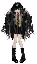 Rule 34 | 1girl, :o, absurdres, black eyes, black hair, black jacket, black nails, blue necktie, boots, combat boots, commentary request, finger gun, highres, jacket, long hair, looking at viewer, loose clothes, loose shirt, mole, mole under eye, nail polish, necktie, open mouth, original, pikuson, shirt, shirt partially tucked in, simple background, skirt, solo, untucked shirt, white background, white shirt, yellow necktie