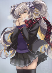 1girl breath brown_hair coat cold dress fate/grand_order fate_(series) hair_between_eyes hair_ornament highres ksfactory long_hair long_sleeves marie_antoinette_(fate) marie_antoinette_alter_(fate) marie_antoinette_alter_(first_ascension)_(fate) meme open_mouth plaid_clothes plaid_scarf pov_cheek_warming_(meme) scarf school_uniform side_ponytail skirt thighs winter winter_clothes yellow_eyes