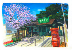 Rule 34 | bench, blue sky, cherry blossoms, cloud, commentary request, day, enoshima electric railway, highres, no humans, original, outdoors, painting (medium), postbox (outgoing mail), railing, scenery, shadow, shonan211, sky, traditional media, train station, tree, watercolor (medium)