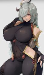 Rule 34 | 1girl, absurdres, black gloves, blue eyes, blush, bodysuit, braid, breasts, clothing cutout, covered erect nipples, covered navel, elbow gloves, genshin impact, gloves, hair ornament, hair over one eye, highres, hip vent, kataku musou, large breasts, long hair, long sleeves, looking at viewer, low-braided long hair, low-tied long hair, partially fingerless gloves, puffy long sleeves, puffy sleeves, shenhe (genshin impact), shoulder cutout, solo, tassel, thighs, very long hair, white hair