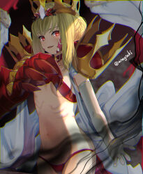 Rule 34 | 1girl, ahoge, aona (anagasaki), bikini, blonde hair, braid, breasts, criss-cross halter, crown, dragon claw, dragon tail, elbow gloves, facial mark, fate/grand order, fate (series), french braid, gloves, hair bun, hair intakes, hair ribbon, halterneck, highres, long hair, looking at viewer, navel, nero claudius (fate), nero claudius (fate) (all), open clothes, open mouth, queen draco (fate), queen draco (second ascension) (fate), red bikini, red eyes, red ribbon, ribbon, robe, scales, small breasts, smile, solo, swimsuit, tail, thighs, white gloves, white robe