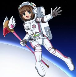 Rule 34 | 1girl, astronaut, brown hair, cardcaptor sakura, commentary request, fuuin no tsue, green eyes, helmet, highres, kinomoto sakura, korean commentary, looking at viewer, magical girl, short hair, solo, space, space helmet, spacesuit, spit (takethestrain), wand