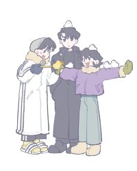 Rule 34 | 1girl, 2boys, absurdres, alternate costume, black coat, black eyes, black footwear, black hair, black pants, blue pants, coat, full body, gloves, green gloves, han sooyoung, hands in pockets, highres, holding, kim dokja, long sleeves, looking at another, multiple boys, object on head, omniscient reader&#039;s viewpoint, open mouth, outstretched arms, pants, purple coat, rude rudy, sandals, short hair, simple background, smile, snowball, snowball scooper, socks, spread arms, standing, tongue, tongue out, white background, white coat, white footwear, winter clothes, yellow footwear, yellow socks, yoo joonghyuk