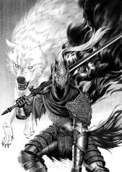 Rule 34 | 1boy, animal, armor, artorias the abysswalker, blank eyes, breastplate, cape, commentary, cowboy shot, dark souls (series), dark souls i, faceless, faceless male, facing viewer, fangs, faulds, full armor, gauntlets, great grey wolf sif, greatsword, greaves, greyscale, helmet, highres, holding, holding sword, holding weapon, hood, hood up, knight, leaning forward, luffie, male focus, monochrome, open mouth, over shoulder, pauldrons, plume, shoulder armor, single pauldron, sword, weapon, wolf