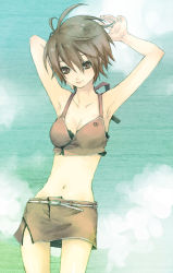 Rule 34 | 1girl, ameiro, armpits, bad id, bad pixiv id, breasts, brown eyes, brown hair, cleavage, face, female focus, medium breasts, meiko (vocaloid), midriff, navel, short hair, skinny, solo, swimsuit, vocaloid