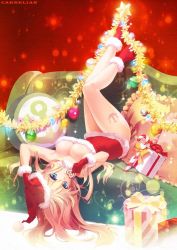 Rule 34 | 10s, 1girl, artist name, bismarck (kancolle), blonde hair, blue eyes, bow, breasts, candy, candy cane, carnelian, christmas, cleavage, cookie, couch, dress, food, gift, gloves, hat, kantai collection, legs, looking at viewer, pillow, santa costume, santa gloves, santa hat, solo, tattoo