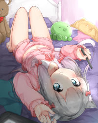 Rule 34 | 10s, 1girl, 3:, animal ears, barefoot, blue eyes, blush, bow, cat ears, cat tail, closed mouth, drawing tablet, eromanga sensei, hair bow, highres, holding, indoors, izumi sagiri, kemonomimi mode, long hair, looking at viewer, lying, navel, nosetissue, on back, on bed, pajamas, solo, stuffed animal, stuffed octopus, stuffed toy, stylus, tail, tareme, teddy bear, thighs, upside-down