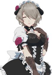 Rule 34 | 1girl, apron, black dress, breasts, brown hair, cleavage, cleavage cutout, closed eyes, closed mouth, clothing cutout, commentary request, dress, facing viewer, flower, frilled apron, frills, hair flower, hair ornament, highres, honkai (series), honkai impact 3rd, large breasts, maid, maid apron, maid headdress, medium breasts, mole, mole under eye, purple flower, purple rose, rita rossweisse, rita rossweisse (umbral rose), rose, short hair, short sleeves, simple background, smile, solo, task baron, upper body, waist apron, white apron, white background