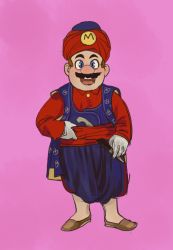 Rule 34 | 1boy, :d, blue eyes, blue pants, brown footwear, brown hair, clothing request, dagger, facial hair, full body, highres, knife, looking at viewer, male focus, mario, mario (series), mossacannibalis, mustache, nintendo, open mouth, pants, pink background, puffy pants, sash, shoes, simple background, smile, solo, standing, turban, turkish clothes, weapon