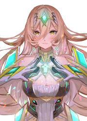 Rule 34 | 1girl, absurdres, bare shoulders, breasts, cleavage, cleavage cutout, clothing cutout, commentary request, cosplay, dress, fang, fang out, gloves, glowing, hair between eyes, hands up, headpiece, highres, large breasts, light brown hair, long hair, looking at viewer, mythra (xenoblade), mythra (xenoblade) (cosplay), nijisanji, nintendo, nui sociere, simple background, sleeveless, sleeveless dress, solo, tarbo (exxxpiation), upper body, very long hair, virtual youtuber, white background, white dress, white gloves, xenoblade chronicles (series), xenoblade chronicles 2, yellow eyes