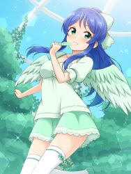 Rule 34 | 1girl, :d, absurdres, blue hair, breasts, commentary request, feathered wings, feathers, green skirt, hair ribbon, highres, holding, holding feather, lens flare, long hair, looking at viewer, medium breasts, open mouth, original, puffy short sleeves, puffy sleeves, ribbon, shiraha maru, shirt, short sleeves, sidelocks, skirt, smile, solo, sparkle, thighhighs, white shirt, white thighhighs, wings