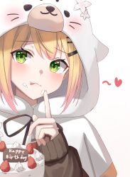 Rule 34 | 1girl, a.l (dpdldpf), absurdres, animal hood, blonde hair, blush, cake, commentary request, flower, food, food on face, fruit, hair ornament, hairclip, hairpin, happy birthday, highres, hololive, hood, index finger raised, korean commentary, momosuzu nene, momosuzu nene (casual), multicolored hair, pink hair, portrait, seal hood, sleeves past wrists, solo, strawberry, streaked hair, tongue, tongue out, two-tone hair, virtual youtuber