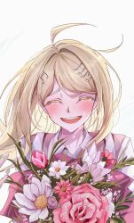 Rule 34 | 1girl, :d, ahoge, akamatsu kaede, backpack, bag, blush, bouquet, closed eyes, collared shirt, crying, danganronpa (series), danganronpa v3: killing harmony, flower, fortissimo, hair intakes, hair ornament, happy tears, long hair, musical note, musical note hair ornament, open mouth, park 0o0, pink flower, pink vest, portrait, shirt, simple background, smile, solo, tears, teeth, upper teeth only, vest, white background, white flower, white shirt