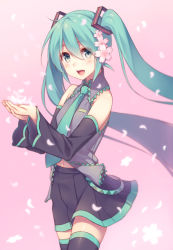 Rule 34 | 1girl, aqua eyes, aqua hair, bad id, bad nicoseiga id, bare shoulders, cherry blossoms, detached sleeves, flower, hair flower, hair ornament, hatsune miku, long hair, looking at viewer, navel, open mouth, petals, pink background, skirt, smile, solo, sugimeno, thighhighs, twintails, very long hair, vocaloid, zettai ryouiki
