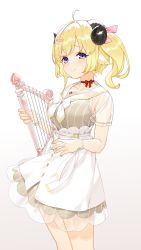 Rule 34 | 1girl, ahoge, animal ears, asymmetrical hair, blonde hair, blush, bow, bowtie, bracelet, breasts, choker, closed mouth, collarbone, commentary, cowboy shot, dress, english commentary, flower bracelet, gradient background, grey background, grey dress, hair ornament, hair ribbon, hairclip, harp, highres, holding, holding instrument, hololive, horns, instrument, izumi sai, jewelry, looking at viewer, medium breasts, medium hair, official alternate costume, pink ribbon, purple eyes, red choker, ribbon, see-through, see-through skirt, see-through sleeves, sheep ears, sheep horns, short sleeves, side ponytail, simple background, skirt, smile, solo, striped clothes, striped dress, tsunomaki watame, tsunomaki watame (street casual), vertical-striped clothes, vertical-striped dress, virtual youtuber, white background, white bow