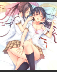 Rule 34 | 2girls, bed, bed sheet, black socks, blue hair, bra, breasts, brown eyes, brown hair, buttons, cleavage, collarbone, collared shirt, drooling, ear cleaning, female focus, frottage, hand on another&#039;s leg, kneehighs, leg between thighs, letterboxed, long hair, looking at another, lying, mimikaki, miniskirt, multiple girls, nakaichi (ridil), navel, no panties, on back, on side, one eye closed, open clothes, original, pillow, pink bra, plaid, plaid skirt, ponytail, saliva, school uniform, sheet grab, shirt, short sleeves, skirt, socks, sweat, underwear, white shirt, wince, yuri, zeb nakaichi