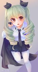 Rule 34 | 10s, 1girl, anchovy (girls und panzer), anzio school uniform, belt, black belt, black cape, black footwear, black necktie, black ribbon, black skirt, cape, carrying, dress shirt, drill hair, emblem, girls und panzer, green hair, grey background, hair over shoulder, hair ribbon, highres, leaning forward, leg up, light particles, loafers, long hair, long sleeves, looking at viewer, miniskirt, necktie, open mouth, over shoulder, pantyhose, pleated skirt, red eyes, ribbon, school uniform, shirt, shoes, skirt, solo, standing, standing on one leg, twin drills, twintails, twitter username, white pantyhose, white shirt, yunagi (arukumaruta)