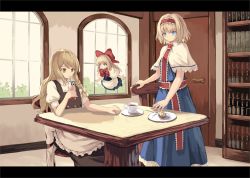 Rule 34 | 3girls, :/, alice margatroid, apron, black vest, blonde hair, bloom, blue dress, blue eyes, book, bookshelf, bow, bowtie, braid, breasts, bright pupils, buttons, capelet, chair, closed mouth, cup, day, door, dress, drinking, drinking straw, expressionless, eyebrows hidden by hair, feet out of frame, food, fork, frills, hair bow, hair ribbon, hairband, holding, holding cup, hourai doll, indoors, kirisame marisa, leaf, letterboxed, lolita hairband, long hair, looking ahead, multiple girls, no headwear, ookashippo, plate, puffy short sleeves, puffy sleeves, red bow, red hairband, red neckwear, red sash, ribbon, sash, saucer, short hair, short sleeves, side braid, single braid, sitting, small breasts, standing, swept bangs, table, tea, teacup, touhou, tress ribbon, vest, waist apron, white apron, white bow, white capelet, window, yellow eyes