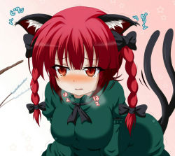 Rule 34 | 1girl, animal ears, blush, bow, braid, breasts, cat ears, cat girl, cat tail, cat teaser, dr. cryptoso, dress, drooling, fangs, female focus, green dress, hair bow, kaenbyou rin, large breasts, long sleeves, multiple tails, pink background, red hair, ribbon, solo, star (symbol), starry background, stick, tail, tears, touhou, trembling, twin braids, twintails