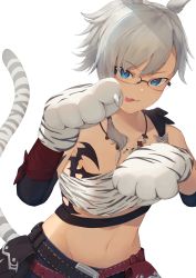 Rule 34 | 1girl, absurdres, animal hands, bad source, belly, blonde hair, cat paws, deho toiimasu, final fantasy, final fantasy xiv, glasses, highres, rabbit girl, short hair, tail, tiger tail, tongue, tongue out, viera, warrior of light (ff14)